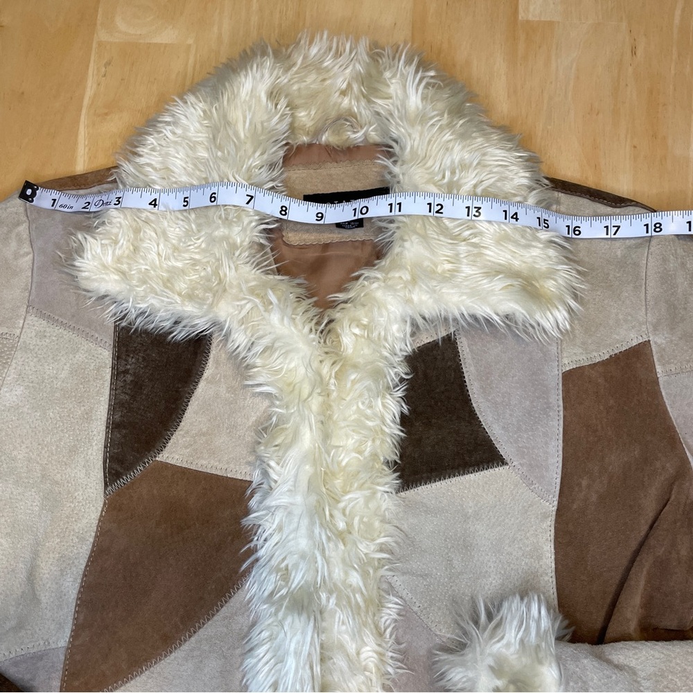 Vintage STATIC Genuine Suede Leather Patchwork Faux Fur Trim Jacket - Brown/Tan - Picture 10 of 16